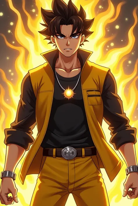 Man with a confident look, gold long sleeve vest, intense yellow pants, surrounded by a golden energetic aura, steel bracelets, Hair like Joseph Joestar's, very dark brown, black shirt with gray details, silver necklace with a sun in the center.