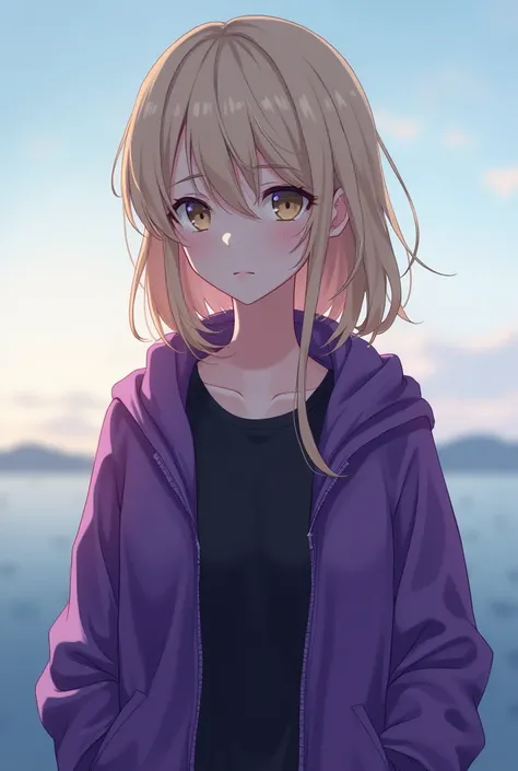 Blonde anime girl purple jacket and black shirt with sad face looking at the horizon 