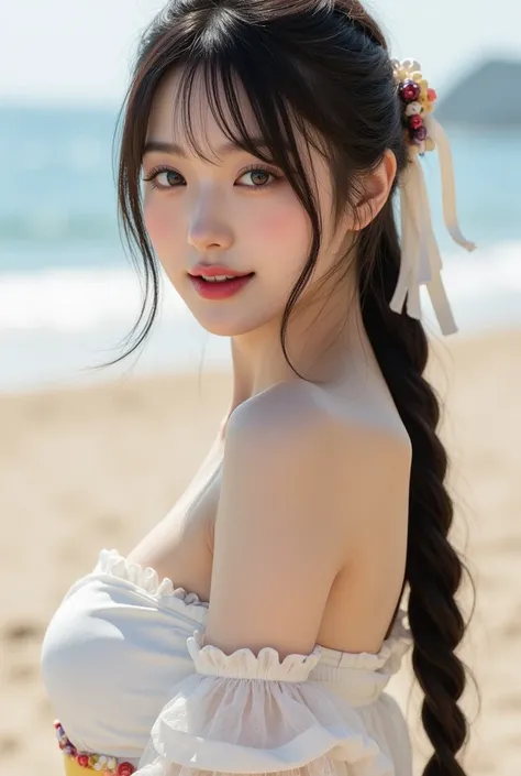 (A super beautiful Korean woman is standing quietly:1.2)(The cutest woman)(Grinning, has a big smile:1.4)(16k,  RAW photos ,  top quality, masterpiece: 1.2),( glamorous braids with ribbons on them :1.1)  more details,  Super Resolution, (Genuine, Genuine p...