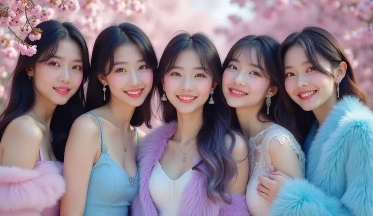  Make a cover photo of 6 Korean beauties posing together with 25 year old thick eyebrows 
Long hair unraveled ombre pastel blue and lavender wearing necklace earrings ,watch, by wearing fancy blue fur glamour dress by wearing highels, fingernails chick loo...