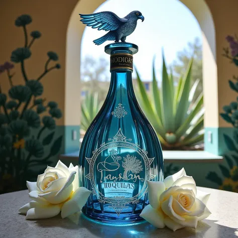  Una botella de tequila de cristal color azul con negro y blanco con el logo de una águila 🦅 y al lado una rosa blanca hermosa y de fondo un mural con diseños de agave color blanco y verde con diseños de águilas con una ventana con vista a una plantación d...