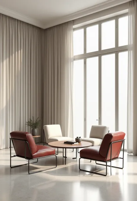 Professional 3D Perspective Rendering of Architecture Very Modern and Very Minimal Style of Interior Design of a room with an area of four meters wide and six meters long with two square shaped chairs made of light steel with patches of dark red leather fo...