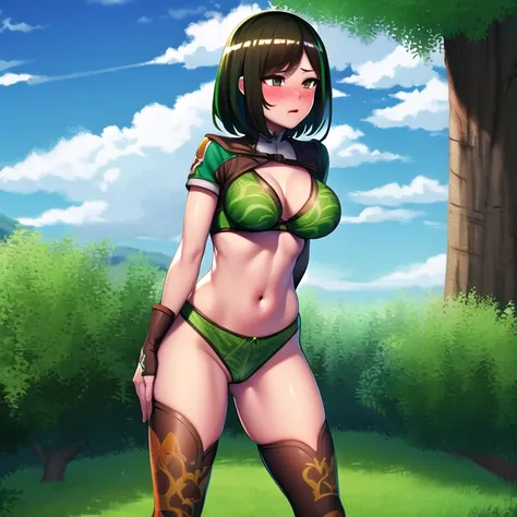 best quality, (masterpiece:1.2), illustration, absurdres, (1girl, solo), (beautiful detailed girl), blue sky, Bao Sanniang, brown eyes, brown hair, streaked hair, green hair, medium breasts, green panties, orange bra, self_wedgie, wedgie, thigh high socks,...