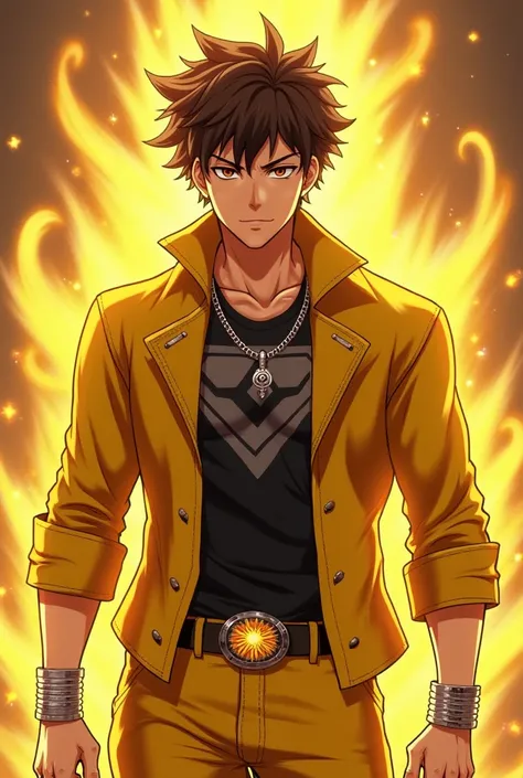 Man with a confident look, gold long-sleeved vest, intense yellow pants, surrounded by a golden energetic aura, steel bracelets, Hair like Joseph Joestar's, very dark brown, black shirt with gray details, silver necklace with a sun in the center.