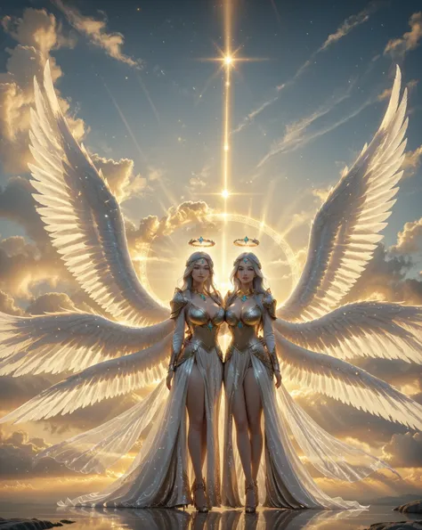 A majestic angel with ((six large ethereal wings)) glows softly with (a divine aura). The female angel has a serene expression with golden eyes, a beautiful feather headdress on her head, and silver hair flowing down her back. Her ((six large symmetrical))...