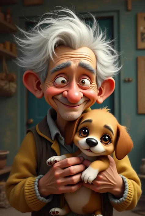 a funny looking old man holding a puppy