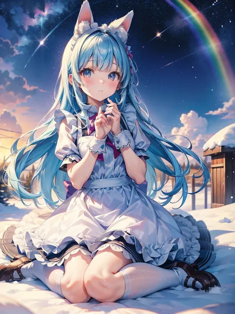  best quality、 maid dress、 sit、 Snow Scenery 、Rainbow、 rabbit ears、Looking up at the stars、Wear warm clothes、 muffler 、cute little kemomimi girl