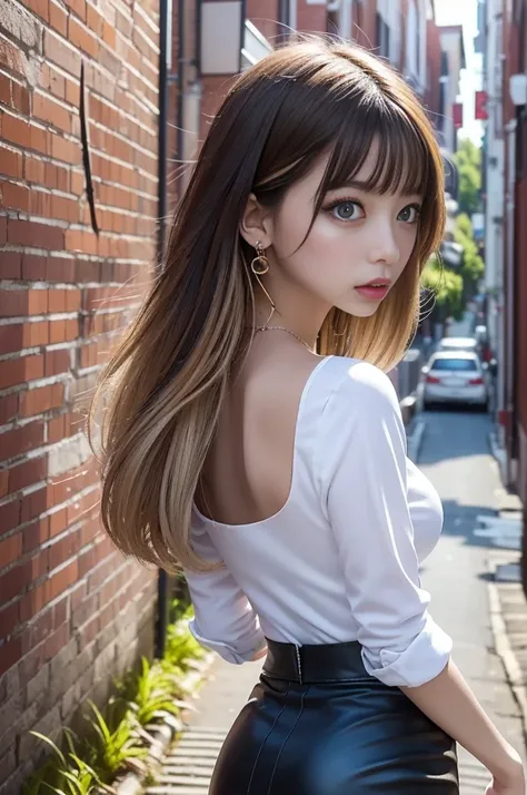  black((   micro pencil skirt overlooking the city from the top of a hill、  stockings、  pin heels))、 white blouse、  1 girl、  blond、   use straight bob hair  、  medium breast、  slender body、 earrings、(Narrow back road overlooking the city from the top of a ...