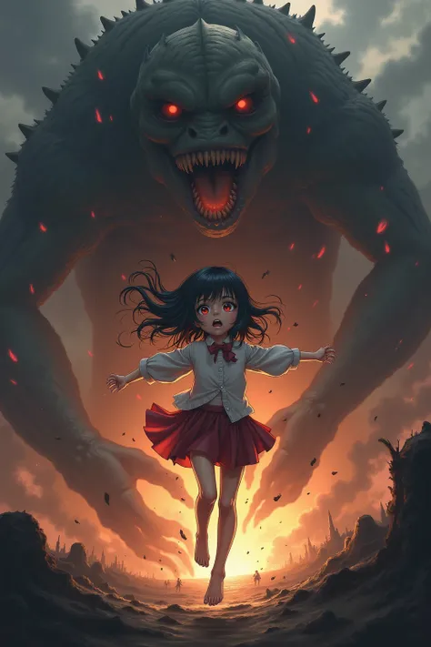 少女のwhole bodyが見える,The girl is seriously injured  , Frightened face、,Crying face, the girl who is jumping 、 The girl has a distressed expression 、Frightened face、A fight between a girl and a monster , monsters catch the girl and lift her up,Monster bites gi...