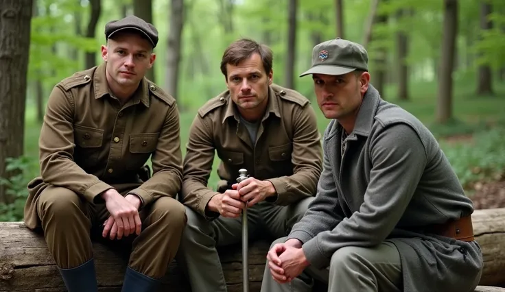 Image is a candid outdoor scene featuring three men dressed in historical military attire, sitting on wooden logs in a forest setting. The man on the left wears a brown uniform with a cap, displaying a light skin tone and a focused expression. The central ...