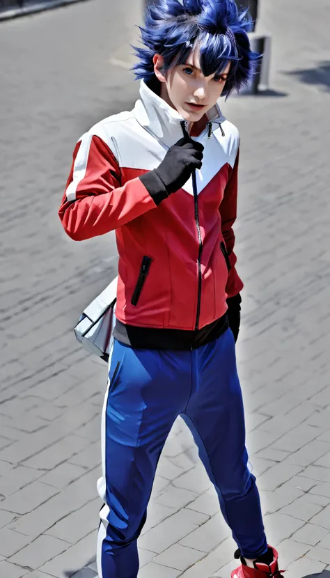  youth,male,hugh_ Pokemon , blue hair, red eyes, multicolored jacket, red jacket, blue pants, blue leggins, red shoes, fingerless gloves, zipper pull tab, photos,8k,3d,live-action, top quality