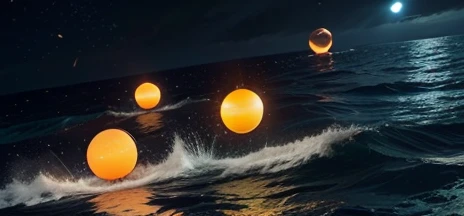 ((( Create 5 orbs  5  five glowing spheres of light flying over the ocean)))a scene in the middle of the ocean , rough sea, Storm at sea   . 