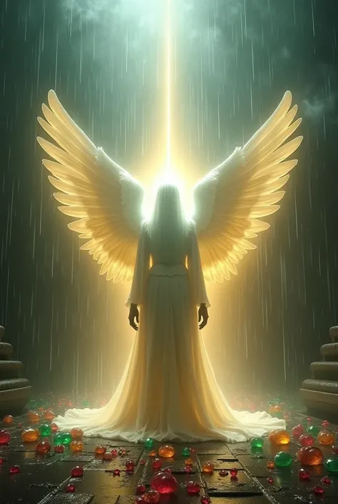  In the very heavy and torrential rain stood a figure of white and yellow light in the shape of a winged angel, is not clear his face and body shape because he is enveloped in a silvery white light and golden yellow aura, his standing position on the court...