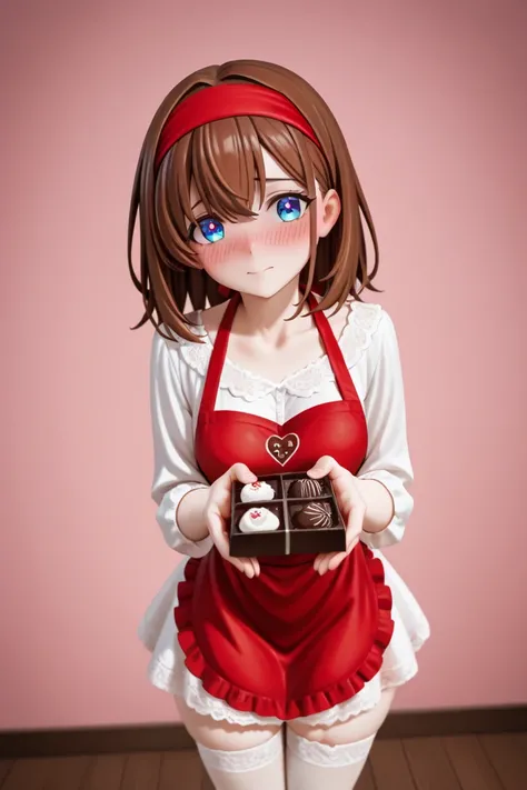 Girl with brown hair and blue eyes, holding with both hands a box of chocolates in the shape of a heart, offering gift with both hands, shy look, blushing, dressed in a red apron and white blouse with lace and black count, red headband, white thigh stockin...