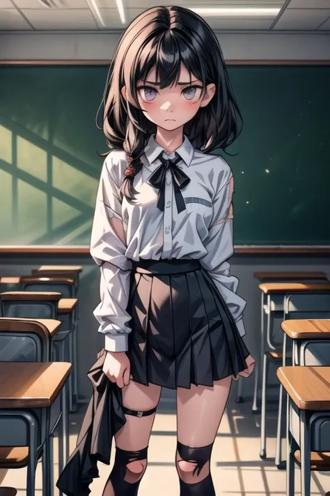 (masterpiece,  BEST QUALITY),  1 girl, Alone,  1 girl ,  beautiful face,  black hair,  torn clothes ,  torn legwear ,  dark school uniform,   classroom、 complicated details, Place your hands behind your back、  ,  expressionless 、 looking at camera、 Emotion...