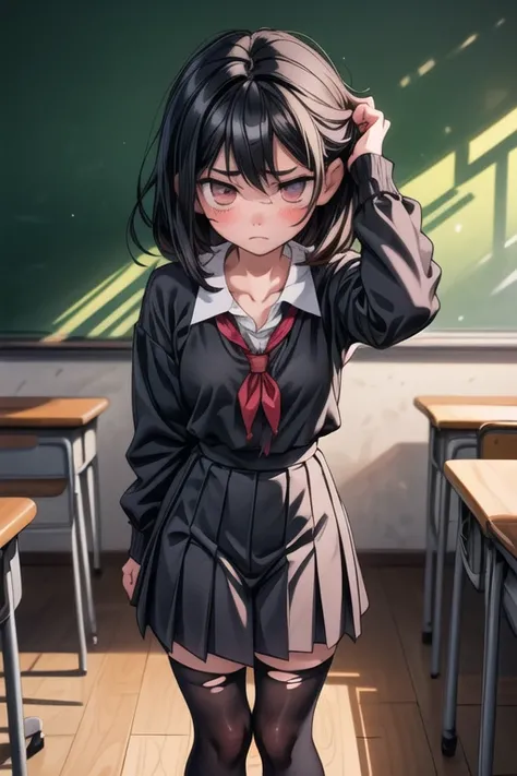 (masterpiece,  BEST QUALITY),  1 girl, Alone,  1 girl ,  beautiful face,  black hair,  torn clothes ,  torn legwear ,  dark school uniform,   classroom、 complicated details, Place your hands behind your back、  ,  expressionless 、 looking at camera、 Emotion...