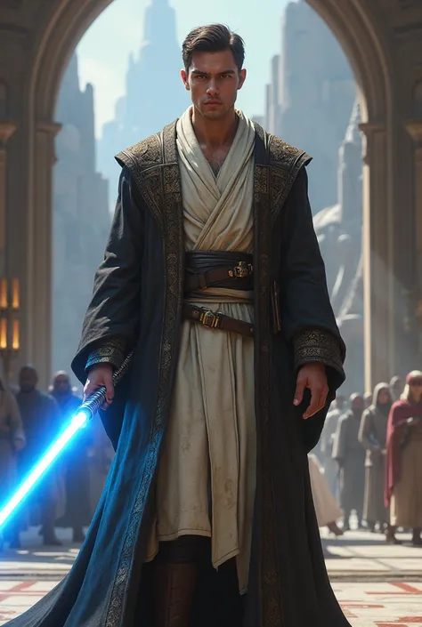 Master Jedi Rhaelion age 25 with blue lightsaber, male