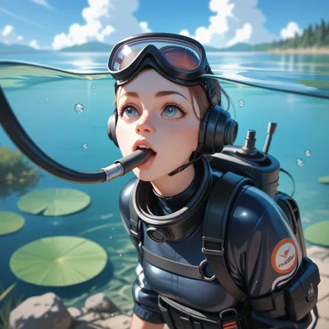 Girl with black scuba diving in a lake while having breather in her mouth and googles on her 