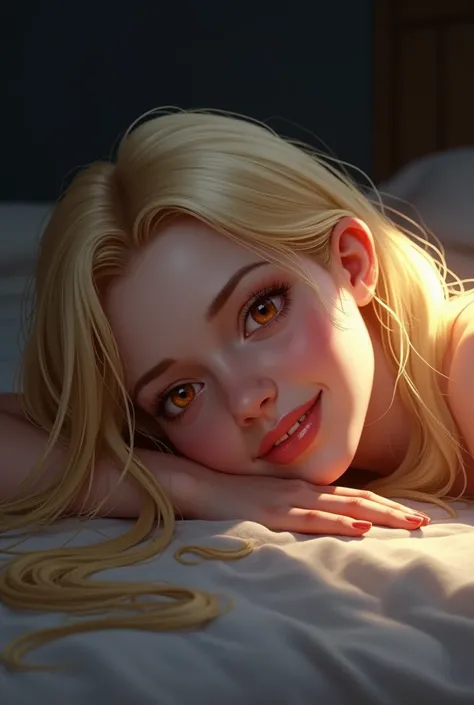 Image from DC or Marvel Comics, lying on your back on a surface, bright white skin, glossy lips, innocent look, soft smile, reddish brown eyes, detailed image with good quality, realistic image, strands of light blonde hair in front of the face , larger st...