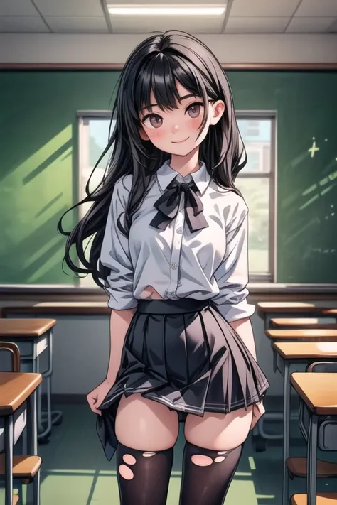 (masterpiece,  BEST QUALITY),  1 girl, Alone,  1 girl ,  beautiful face,  black hair,  torn clothes ,  torn legwear ,  dark school uniform,   classroom、 complicated details, Place your hands behind your back、  , 、 looking at camera、、 stand with your crotch...