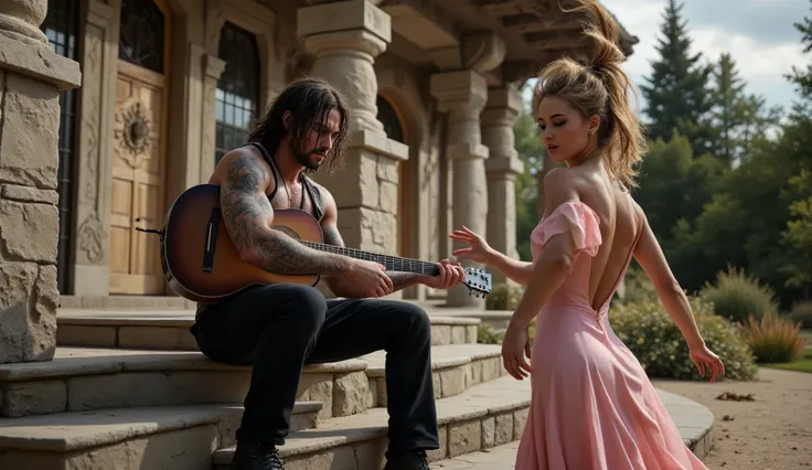 A brutal man in a sleeveless shirt with a tattoo on his shoulder sits on the steps of his luxurious ranch and plays the guitar, a beautiful girl in a revealing fancy dress looks at the man with the guitar and dances(masterpiece:1.2), 8k, Best quality, mast...