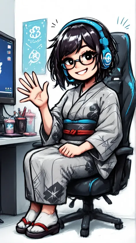 Adult Japanese female. Short, wavy black hair. Black eye color. Wearing a dark grey Japanese kimono that reaches to the ankles. Wearing glasses. Gaming headset. Sitting in a gaming chair. Streaming PC games. Full body. Drawn in American comic book style. D...