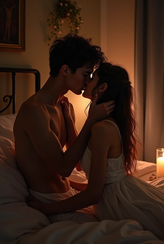 A boy and a girl with a dark room and light off and a bedroom so they are kissing and romans at bed and sex 