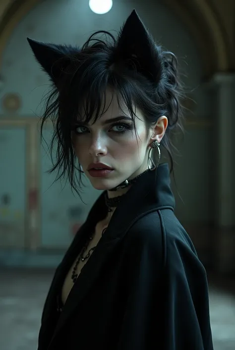 A gothic woman, with several piercings on the face, heavy makeup, wolf haircut,  loose clothing