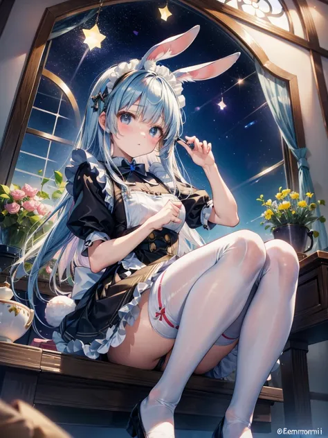  best quality、 rabbit ears、Maid、 sit、 Stained Glass、 rabbit ears、Looking up at the stars、Wear warm clothes、 muffler 、cute little kemomimi girl