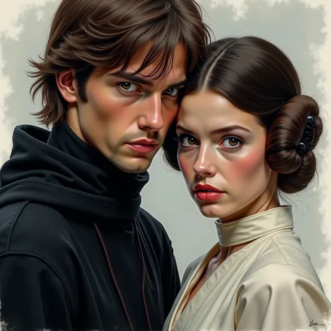 Princesse Leia et Luke Skywalker dans un style de peinture à l'aquarelle transparent, Eyes safe and  focused .Porter un collant ou une cape noire,faire preuve de prudence、 dangereux: 。Ses mouvements sont agiles、  focus,  Hidden in clothes 。Être dans un env...