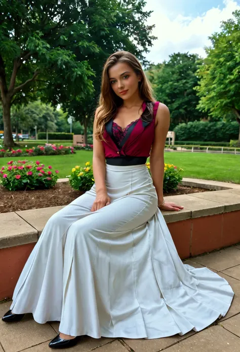 beautiful schoolgirl, sit on brech in a park, long skirt, elegant pose