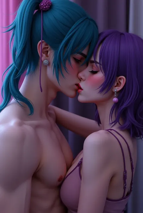 Picture a man with navy blue hair and navy blue pigtails having sex with a  woman with purple hime-cut hair and purple hair