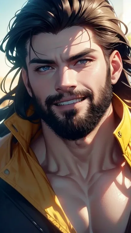 (  best quality angle,4K,8k,  highres,  masterpiece :1.2),  ultra-detailed  ,(realistic,photorealistic,photo-realistic:1.37),34 years old, man,3 day beard,Beautiful anime,Portraits,strong,Masculine,  with dark hair  ,sharp jaw,   mesmerizing eyes   , Yello...