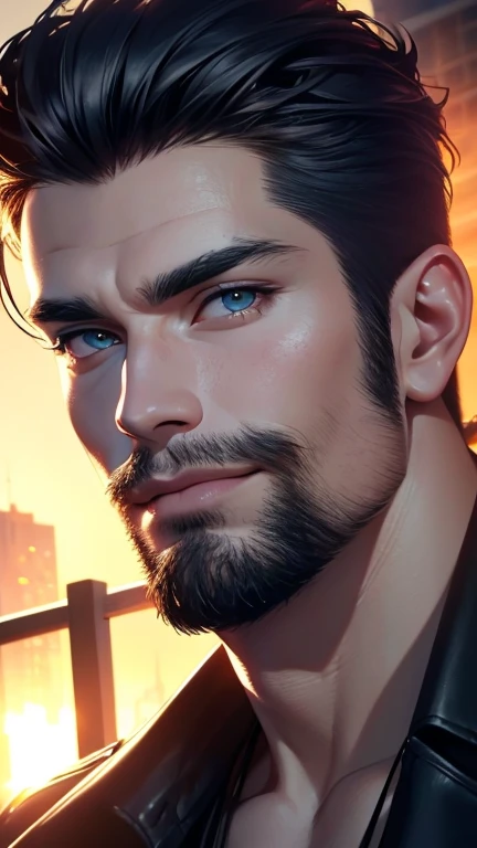 (  best quality angle,4K,8k,  highres,  masterpiece :1.2),  ultra-detailed  ,(realistic,photorealistic,photo-realistic:1.37),34 years old, man,3 day beard,Beautiful anime,Portraits,strong,Masculine,  with dark hair  ,sharp jaw,   mesmerizing eyes   , Yello...