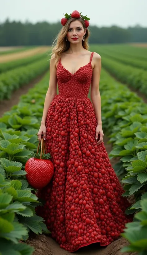 A graceful woman stands amidst a lush green strawberry field, wearing a stunning dress crafted entirely from ruby strawberry. The bodice is intricately designed with small strawberry, creating a textured and fitted silhouettes, while the skirt features flo...