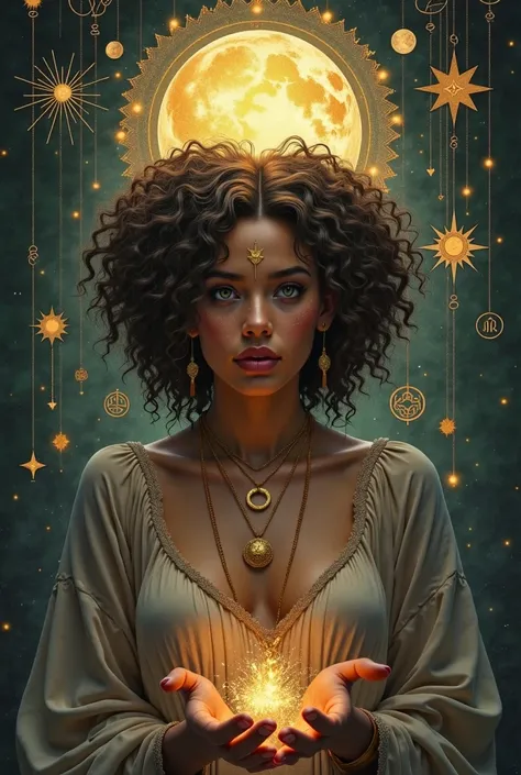  A young woman with a light brown complexion, Curly hair and its arcana strength,  the star and the moon or the cards 8 , 17 and 18 of the tarot include the lion representing the force and the symbol of infinity 