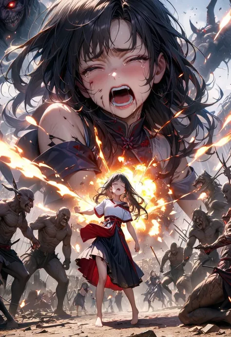 少女のwhole bodyが見える,The girl is seriously injured  , Frightened face、,Crying face, the girl who is jumping 、 The girl has a distressed expression 、Frightened face、A fight between a girl and a monster , monsters catch the girl and lift her up,Monster bites gi...