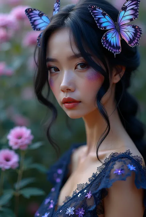 Beautiful Real Looking   Caucasian Butterfly Woman,  make up.Pale Skin ,beautiful black make up around her eyes ,, Beautiful Black ,Violet and Blue colour on her , sexy  little dress and looking  Magical Beautiful Butterfly,  beautiful flowers everywhere, ...