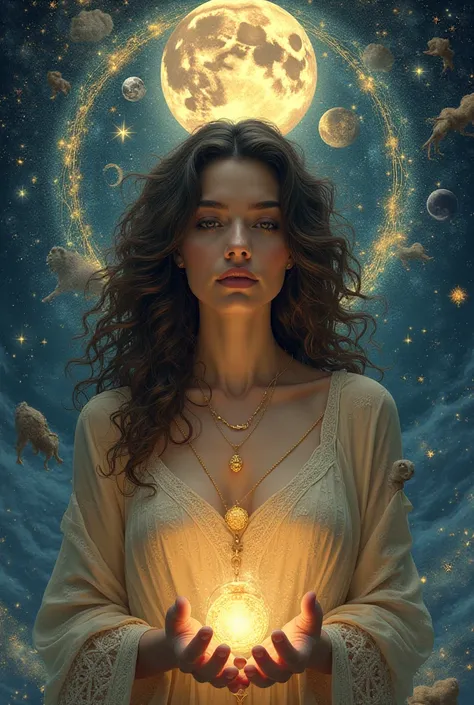  A curly-haired brunette woman and her triad of arcana the force, the star and the moon , include The Lion and the Infinite  