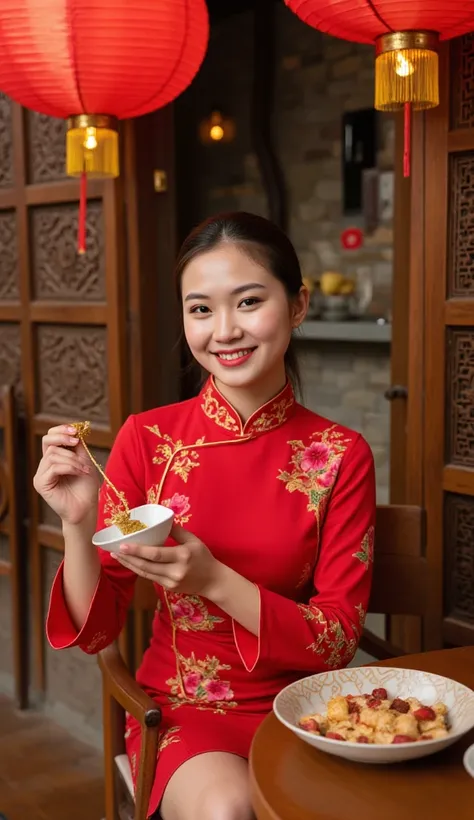 A young woman in a red Chinese dress embroidered with gold sits in a teahouse. She holds a festive decoration along with a bowl of festive sweets, a tea set, and wooden furniture. The background features intricately carved wooden panels, bamboo decorations...