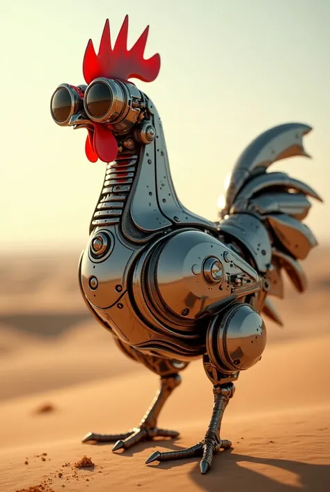 An Arabian chicken with lenses in the desert