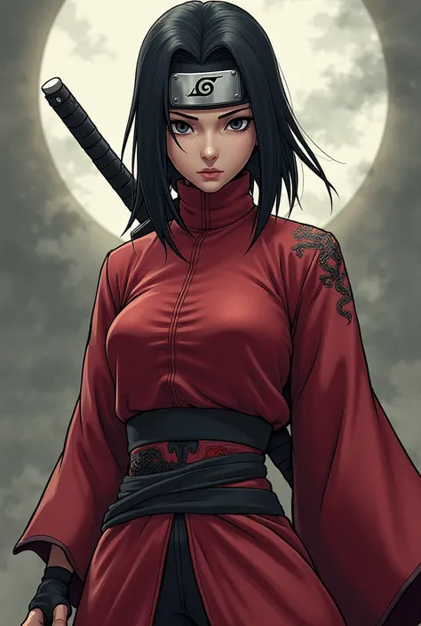  Naruto Shippuden female character with hair down to her shoulders, dark eyes,  with the band from the leaf village , a katana,  red ninja costume with dragon details , black hair wide hips 