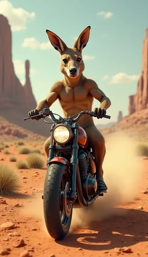 Create a kangaroo riding a motorcycle in a desert