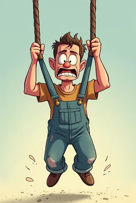 Cartoon adult male getting hung by his overall straps, nervous