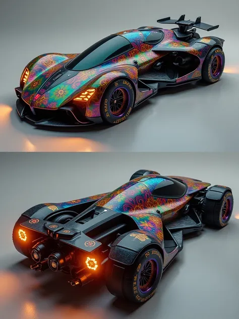 Futuristic car, covered in rainbow batik pattern and glowing rgb runes, underglow, front lamp, fog lamp, rocket thrusters, vtol thrusters, bottom thrusters, side thrusters, wings, jet engine, front view and rear view of the same vehicle, white background