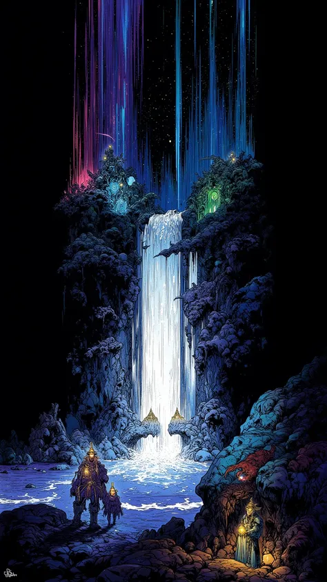    colorful neon colored waterfall and waterfall , small knights with lanterns lit on their hips in the foreground, A Wandering Knight Set in a Meteor Shower , dark fantasy concept art ,  neon white light drawn on a black background  , colorful waterfall a...