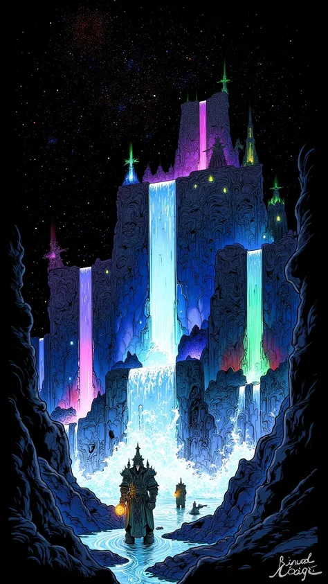    colorful neon colored waterfall and waterfall , small knights with lanterns lit on their hips in the foreground, A Wandering Knight Set in a Meteor Shower , dark fantasy concept art ,  neon white light drawn on a black background  , colorful waterfall a...