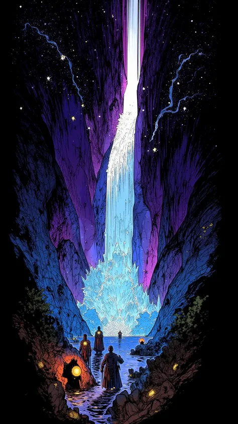    colorful neon colored waterfall and waterfall , small knights with lanterns lit on their hips in the foreground, A Wandering Knight Set in a Meteor Shower , dark fantasy concept art ,  neon white light drawn on a black background  , colorful waterfall a...