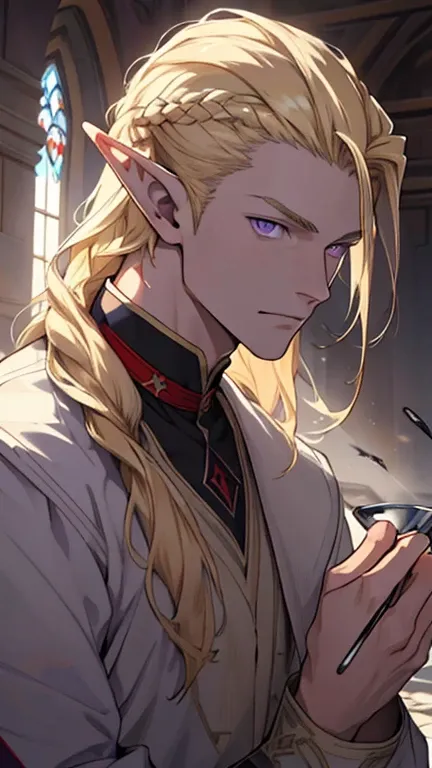 ( masterpiece),  best quality angle,  High quality cutlery, 1 boy, rosto beautiful, beautiful, sunlight, elf ears,  pointy ears , beautiful,  blond hair,   long hair,  purple eyes ,  soldier clothes,  Upper body, seabed,  looking directly at ,  purple eyes...