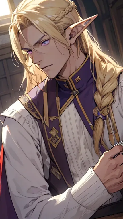 ( masterpiece),  best quality angle,  High quality cutlery, 1 boy, rosto beautiful, beautiful, sunlight, elf ears,  pointy ears , beautiful,  blond hair,   long hair,  purple eyes ,  soldier clothes,  Upper body, seabed,  looking directly at ,  purple eyes...